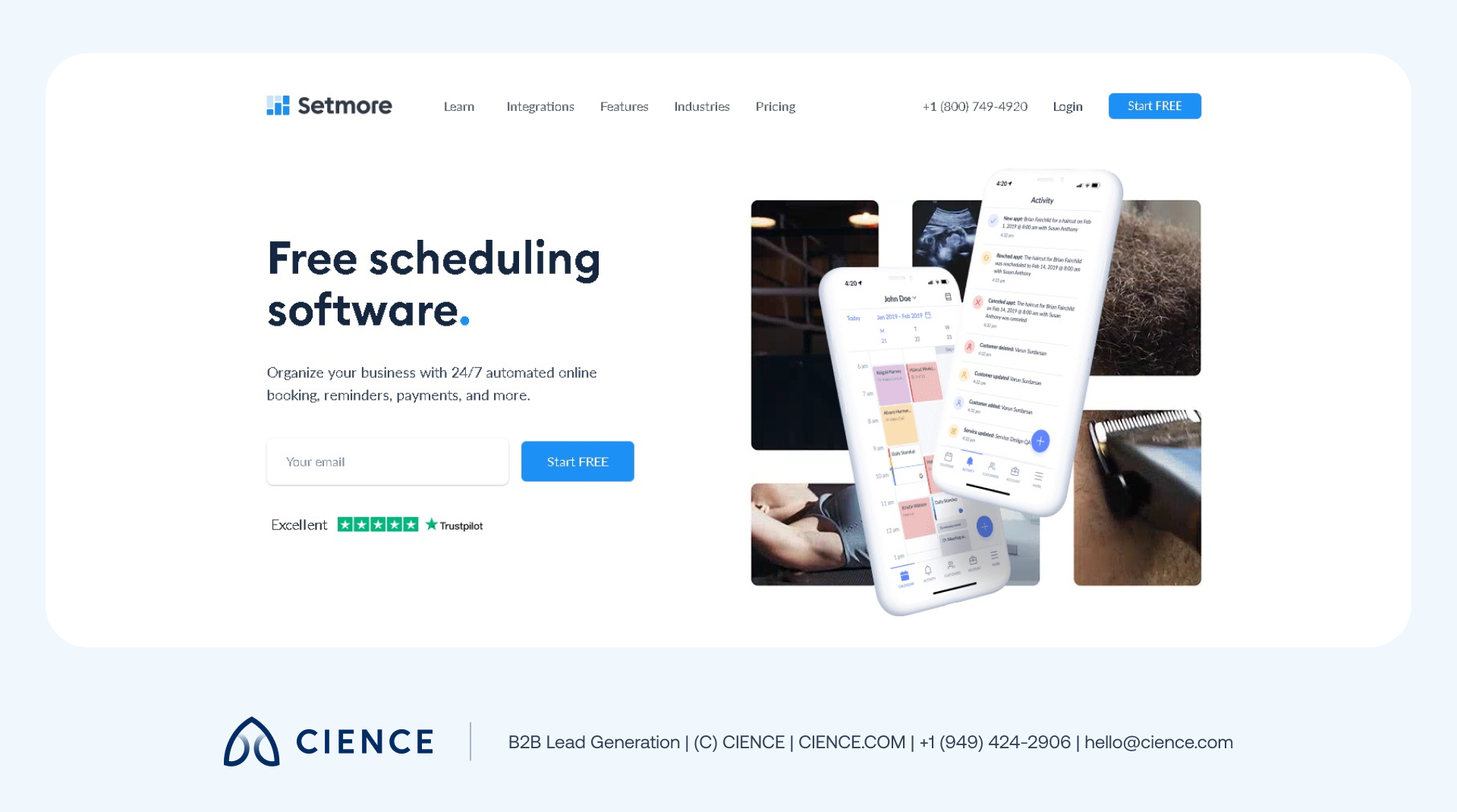Setmore appointment scheduling app showing automated reminders, payment processing, and calendar management dashboard